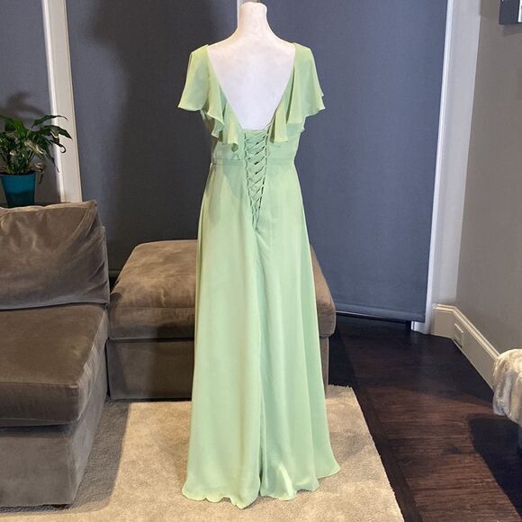 Women’s Full Length Green Chiffon Ruffle Dress Corset Back Leg Slit Size 12 - Picture 5 of 9